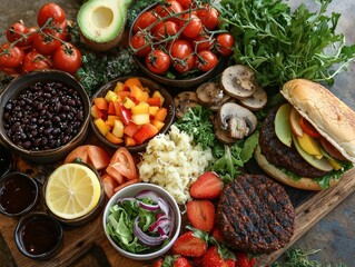 Vibrant Food Arrangement Featuring Fresh Ingredients and Colors