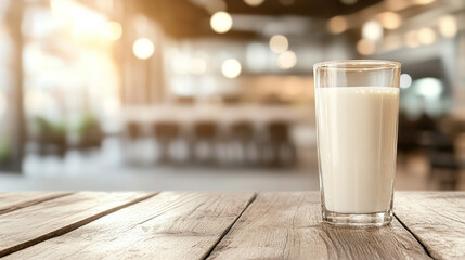 A glass of creamy white milk sits on a wooden table, fresh and non-homogenized. The modern, bright backlight creates a soft, blurred background, highlighting the purity and simplicity