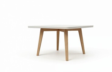 Isolated minimal style white table with wooden legs. Decorative furniture for dining or living room. Clean design, simple modern decor element on transparent background. Home interior object.