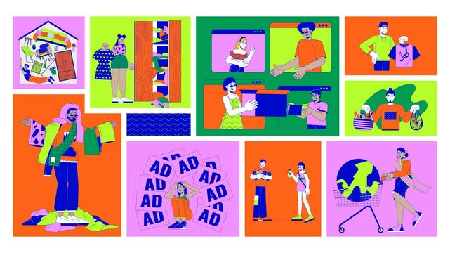 Sustainable fast fashion and overconsumption animated bento grid layout. Conscious consumerism. Online commerce, marketing ads 2D animation flat cartoon ui collage. 4K video motion graphic collection