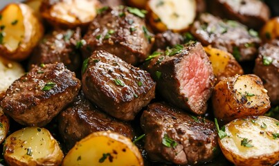 Garlic Butter Steak Bites with Roasted Potatoes Tender, Generative AI