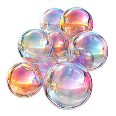 bubbles have a reflective, iridescent appearance with hues of pink, orange, yellow, and purple isolated on white background