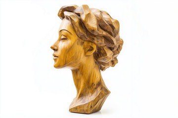 Bust of a beautiful girl made of wood isolated on a white background.