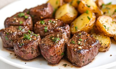 Garlic Butter Steak Bites with Roasted Potatoes Tender, Generative AI