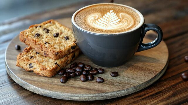 Warm coffee with latte art served alongside chocolate chip cake on a wooden platter