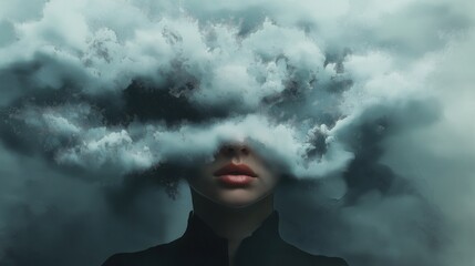 Surreal portrait of woman with clouds obscuring her thoughts and vision