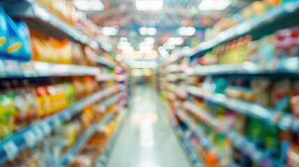 Blurry Supermarket Aisles: A Colorful Panorama of Grocery Shopping