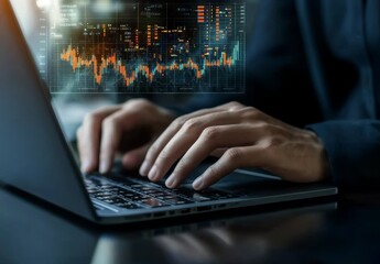 Person Typing on Laptop with Holographic Data Charts