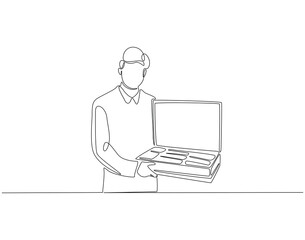 Continuous line drawing of businessman holding money suitcase. Single line illustration of success man hold opened suitcase. Buy, purchase concept. Editable outline