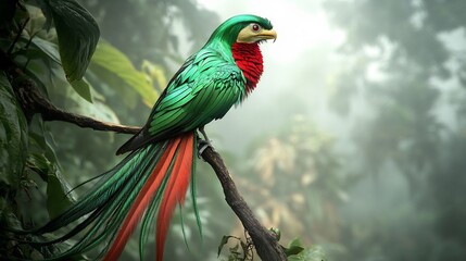 Dazzling Quetzal perched in a misty rainforest its emerald green and ruby red feathers glowing against the foggy jungle backdrop