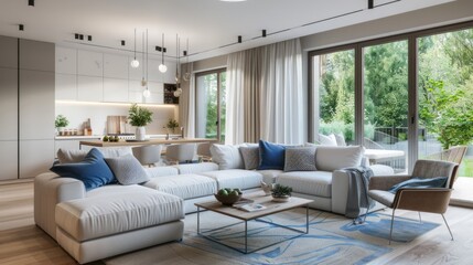 Modern Living Room Design with Open Kitchen and Serene Garden View