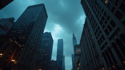 Stormy Sky Over Wall Street with Flashing Financial Tickers