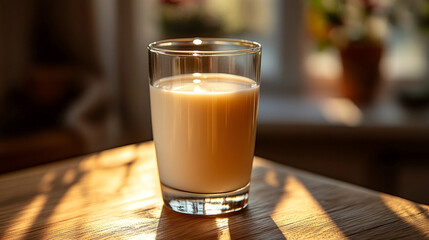 A glass of creamy white milk sits on a wooden table, fresh and non-homogenized. The modern, bright backlight creates a soft, blurred background, highlighting the purity and simplicity