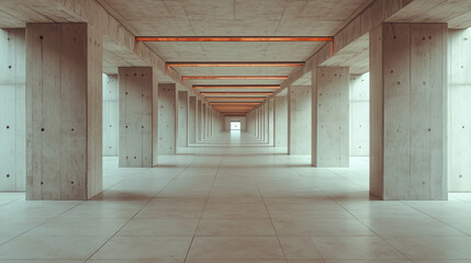 Modern architectural corridor with concrete columns and illuminated ceiling at midday. Generative AI