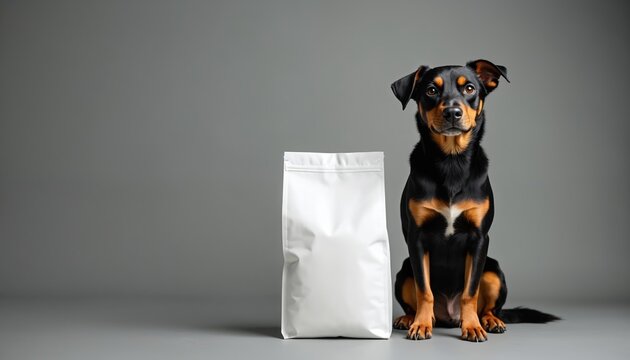 Black and tan dog sits near white blank pet food package on gray background. Domestic animal with dark coat poses next to product mockup. Dry food for dogs and cats.