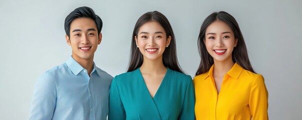 Obraz premium Three young professionals wearing colorful blazers smiling confidently in a studio setup