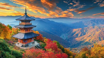 Fototapeta premium Autumnal Serenity: Pagoda in the Mountains