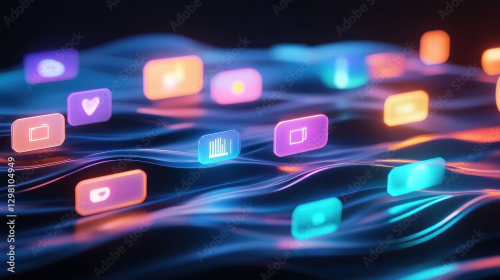 Aufkleber Colorful digital icons floating over a dynamic wave pattern in a modern abstract design. Generative AI