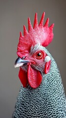 Majestic rooster portrait close-up animal photography indoor setting striking features vibrant colors