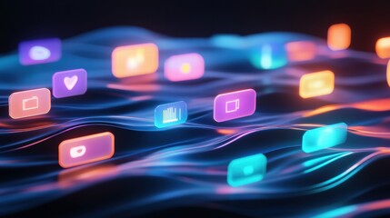 Colorful digital icons floating over a dynamic wave pattern in a modern abstract design. Generative AI