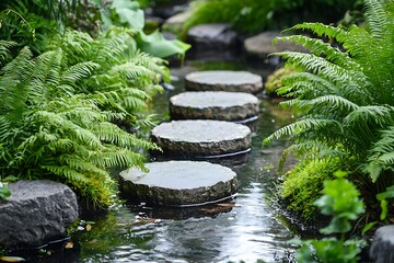 A peaceful stream with stepping stones crossing it, surrounded by wild green ferns