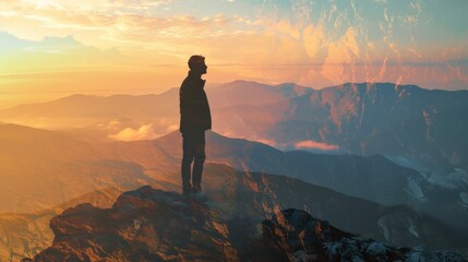 Fototapeta premium business male stand and feel happy on the most hight on the mountain, hiking, success, cliff, peak, business, success, successful, goal, victory, achievement, motivation,