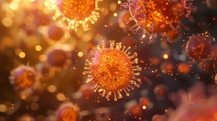 bunch of viruses are floating in the air. The viruses are brown and have a fuzzy appearance, Group of virus cells. 3D illustration, Coronavirus cells.