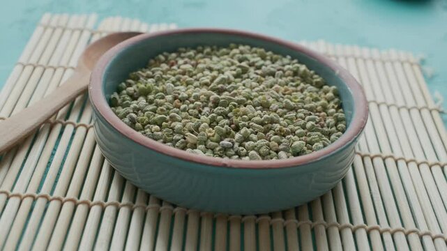 close up of fresh green thyme a blue bowl