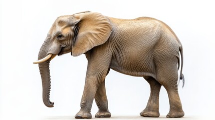 Obraz premium A majestic elephant, elegantly poised with its massive form veiled in rich, textured skin, glances over its shoulder while facing left. The gentle curve of its powerful legs hints at hidden strength a