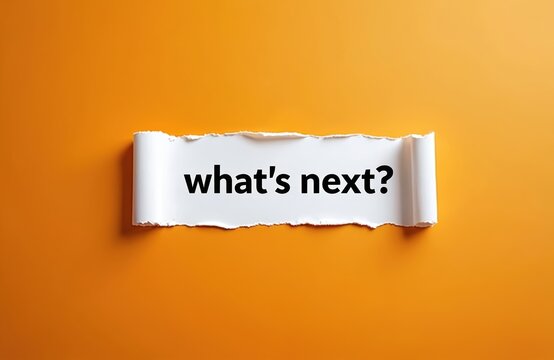 Conceptual message Next written on torn paper laying on orange background. Question mark, business challenge, strategy direction. Development, planning brainstorming session concept. Place for copy.