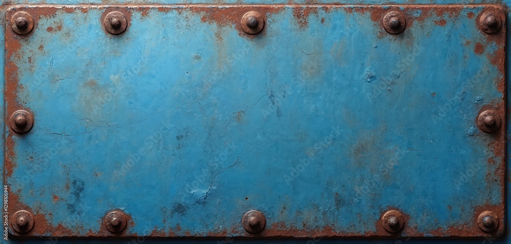 Aufkleber weathered blue metal plate with rust around rivets adds distressed industrial touch to design projec
