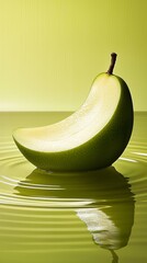Refreshing green pear slice floating on water ripples minimalist studio setting artistic photography