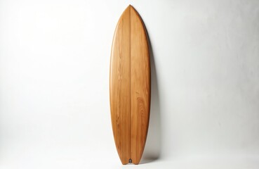 Minimalist studio shot of surfboard isolated on white backdrop. Wood laminated board, ready for logo addition. Template of equipment for surfing activity, outdoor water sport, summer vacation.