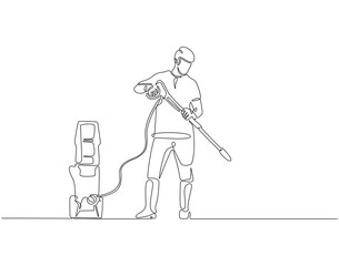 Continuous line drawing of worker use pressure washer machine. Single line illustration of man hold pressure washer. Worker, cleaner concept. Editable outline