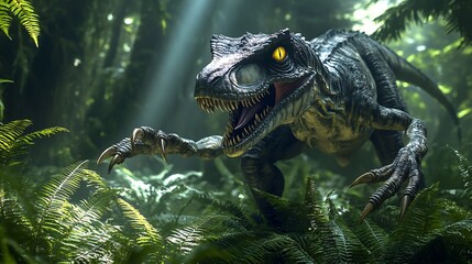 Deadly Deinonychus stalking through a dense prehistoric forest its sickle claws raised piercing yellow eyes scanning for prey dappled sunlight filtering through the ferns