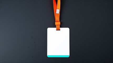 Blank vertical plastic mockup on dark background. Empty badge name tag hanging on neck.