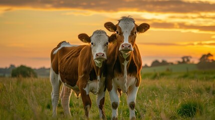 Sunset Serenity: Two Brown and White Cows in a Lush Green Pasture