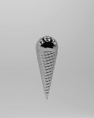 Disco glitter ball chrome ice cream cone  shiny reflective metallic black white gray 3d illustration