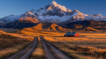 Obraz premium Dirt road leads toward a rustic red barn in a golden grassy field under a majestic snow-capped mountain peak during sunset.