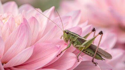 A Delicate Dance: A vibrant grasshopper delicately perched on the soft petals of a blooming flower, the perfect fusion of nature's artistry, showcasing life's intricate beauty.