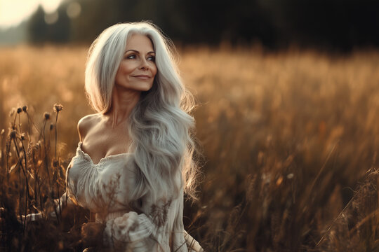 Beautiful elderly woman with gray hair walking on the grass in a field background.