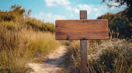 Rustic Wooden Sign on a Nature Pathway Surrounded by Greenery