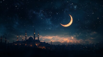 Naklejka premium A mystical night scene with a glowing crescent moon and twinkling stars above a grand Islamic cityscape, perfect for Ramadan greeting cards.