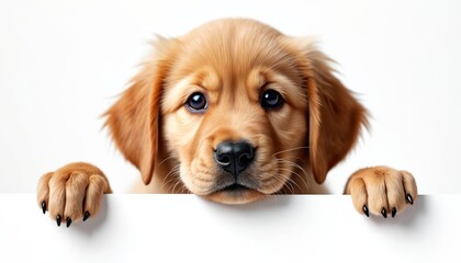 Cute puppy holding blank banner with paws. Dog isolated on white background, studio shot. Pet holding sign, advertisement template with adorable small dog portrait, promotional animal image.