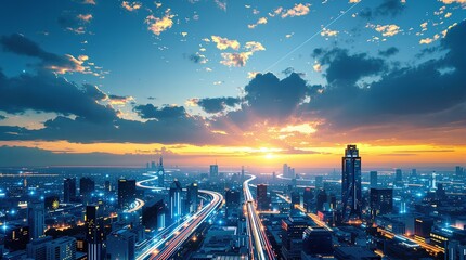 Obraz premium Cityscape Sunset: A breathtaking panoramic view of a modern city at sunset, with vibrant city lights illuminating the cityscape against a dramatic sky filled with colorful clouds.