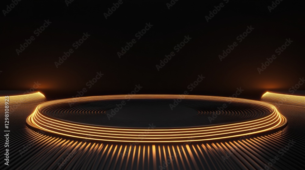 Poster Glowing circular platform illuminated by bright orange lights against a dark background. Generative AI