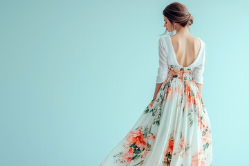 Floral Elegance A Woman Standing with Her Back to the Blue