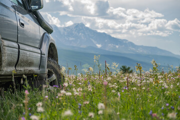 An off-road car on mud tires stands in a field with flowers against a background of snowy mountains and forests. The travel car is parked in a meadow. Tires for an SUV on the background of mountains.