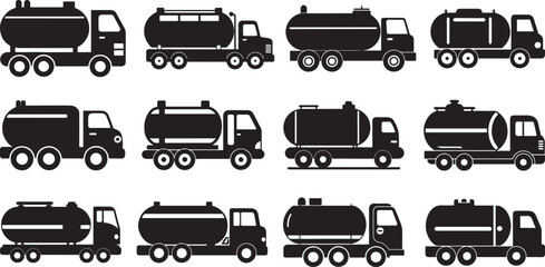 set of petrol tanker silhouette, black and white silhouette, vector and illustration