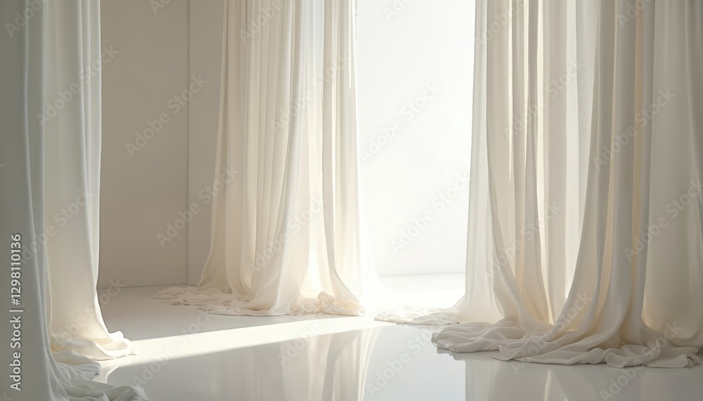 Aufkleber serene white room with large draped fabric panels creates soft ethereal atmosphere. light filters th